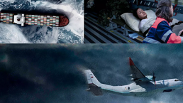 Collage of three images: an overhead view of a cargo ship sailing through icy waters (top-left), a medical professional attending to an injured person lying on a stretcher (top-right), and a plane with military markings flying through dark, turbulent clouds on an aero evacuation lifesaving mission (bottom).