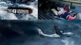A three-part collage: top left shows an aerial view of a cargo ship navigating through rough seas; top right features a woman on a stretcher inside an aircraft, being attended to by a medical professional in an Aero Evacuation mission; bottom shows a plane flying through a stormy sky.