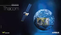 A satellite with two large solar panels floats in space near Earth, showcasing a highlighted section focused on Southeast Asia. Logos for Airbus and THAICOM are at the bottom corners, indicating Thaicom's contract with Airbus for a OneSat flexible telecommunications satellite.