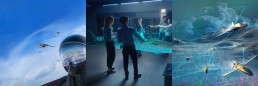 The image is a collage of three scenes: 1) Aerial view of military jets flying in formation. 2) A group examines a holographic aircraft blueprint in a tech lab, showcasing the Future Combat Air System (FCAS). 3) A digital depiction shows jets in flight with holographic elements overlaying a landscape.
