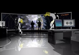 A futuristic control room with robotic arms, multiple monitors, and a large curved screen displaying a view of Earth. Two silhouetted figures stand in front of the screen. The scene is high-tech and space-themed, with 