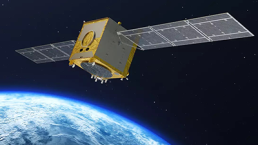 An artificial satellite with extended solar panels orbits above Earth. Depicted against the blackness of space, with the blue and white curve of Earth's surface visible below, this marks another milestone as Airbus starts Galileo Second Generation Satellite Production.