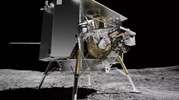 The lunar lander, boasting New Legs for the Moon!, stands on a barren, rocky lunar surface with metallic structures and instruments. It features four legs for stability and various equipment attached to it, set against the pitch-black backdrop of space.